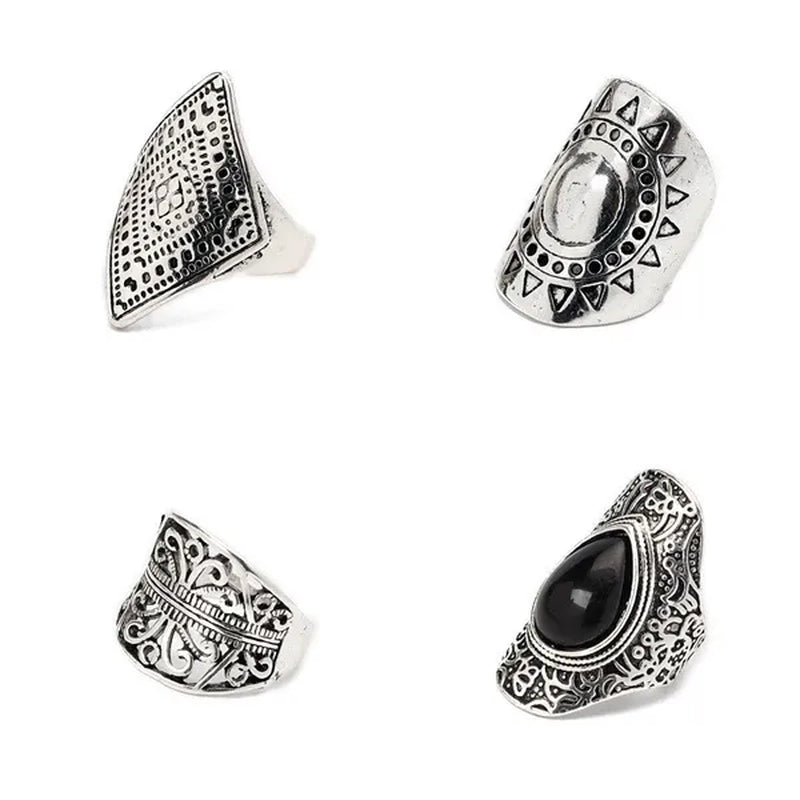 4Pcs/Set Vintage Silver Gypsy Boho Ethnic Ring Hollow Carved Gem Diamond Women  Rings