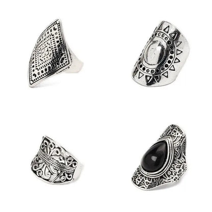 4Pcs/Set Vintage Silver Gypsy Boho Ethnic Ring Hollow Carved Gem Diamond Women  Rings
