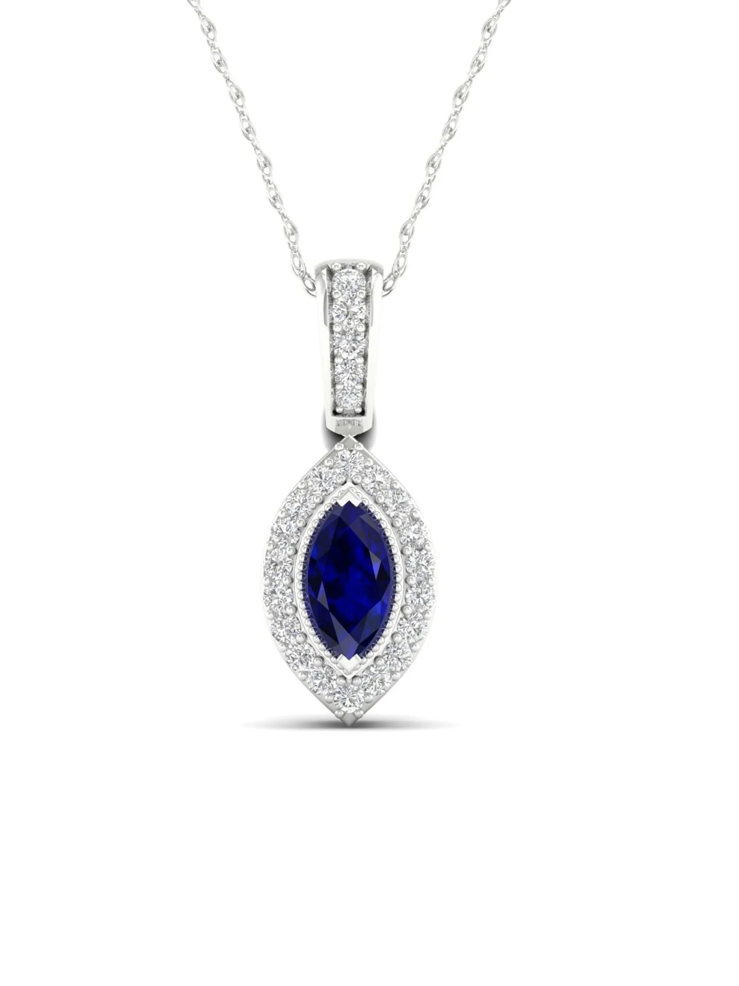 Gemstone 10K White Gold Marquise Cut Blue Sapphire 1/20 CT TW Diamond Halo Pendant Necklace