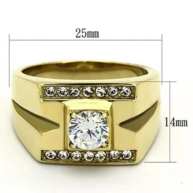 Men's Stainless Steel 14K Gold Ion Plated 1.26 Ct Simulated Diamond Ring Size 8-13