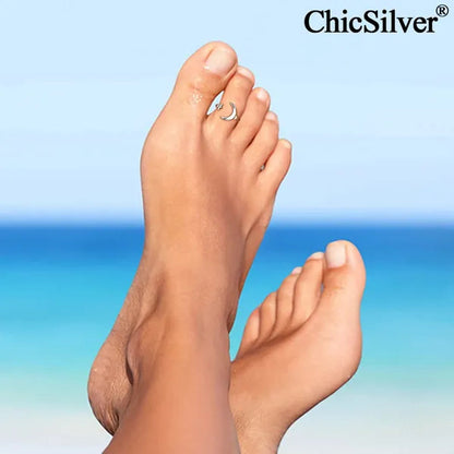 Chicsilver Moon and Star Toe Ring for Women 925 Sterling Silver Hypoallergenic Adjustable Toe Ring Band Women Beach Foot Jewelry