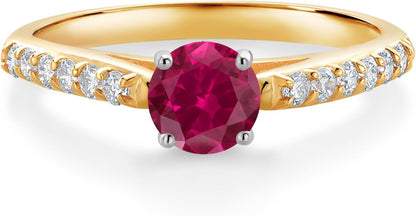 10K Yellow and White Gold 5MM round Gemstone Birthstone and White Lab Grown Diamond Engagement Ring | Wedding Anniversary Promise Gold Ring for Women | Size 5,6,7,8,9
