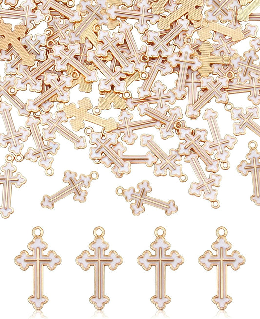 100 Pcs Alloy Enamel White Cross Pendants Gold Plate Cross Dangle Charms for Necklace Bracelet Jewelry Making DIY Crafting