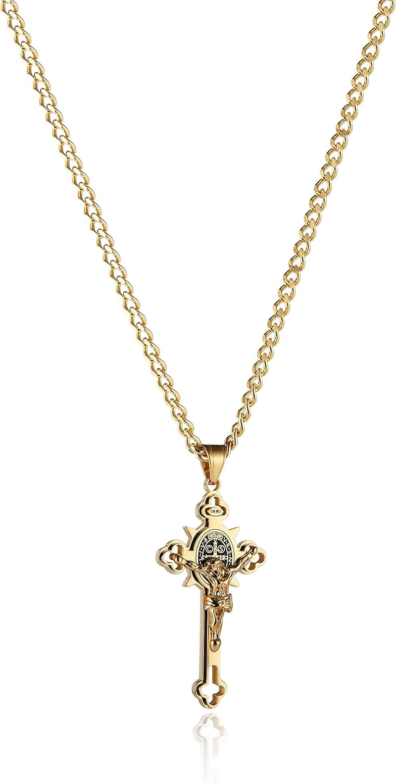 Religion Stainless Steel Saint St St. Benedict Crucifix Cross Pendants Necklace INRI