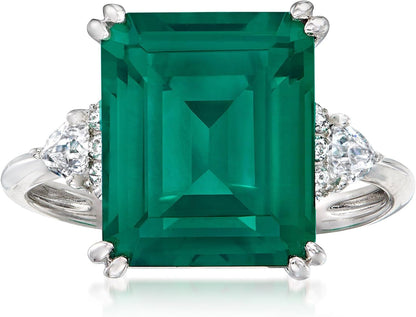 6.00 Ct. T.W. Simulated Emerald and .19 Ct. T.W. CZ Ring in Sterling Silver. Size 8