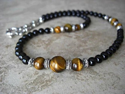 Black Onyx Tiger Eye Silver Accents Men'S Necklac