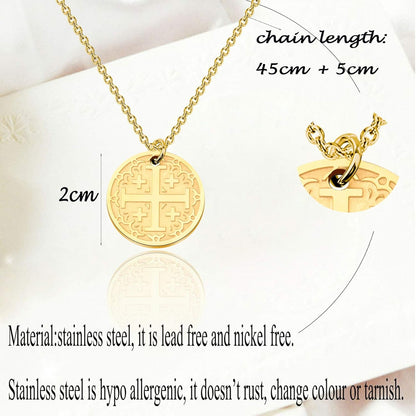 Jerusalem Crusaders Cross Disc Pendant Necklace Religious Jewelry Baptism Gift for Protection