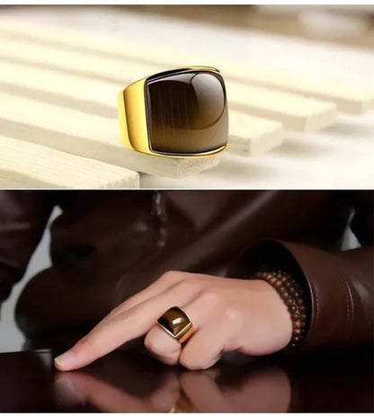 New Fashion Rings 316L Stainless Steel Gold Plated Simple Jewelry Ring With Opal For Men