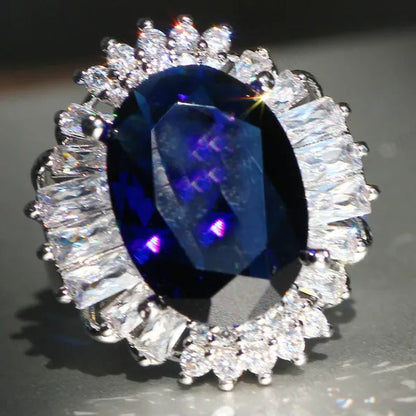 Silver Huge Oval Cut Natural Gemstones Sapphire Ring Wedding Birthstone Bride Engagement Bride Ellipse Ring Jewelry Band