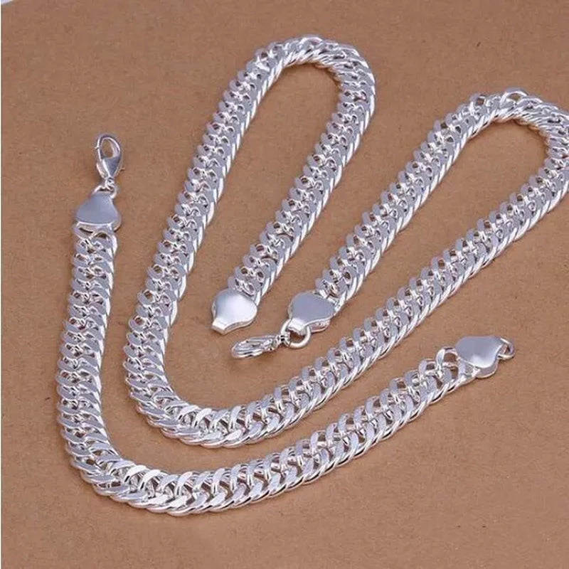 925 Sterling Silver 6MM/10MM Thick Tight Filled Heavy 925 Solid Silver Double Cuban Link Chain Necklace&Bracelet Fashion Jewelry Set(20/22/24 inches)for Women and Men