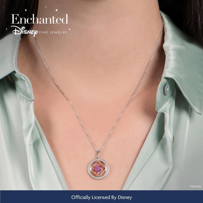Enchanted Disney Fine Jewelry 14K Rose Gold over Sterling Silver 5.5 MM Square Created Pink Sapphire and 1/5 CTTW Natural White round Diamond Aurora Pendant Necklace