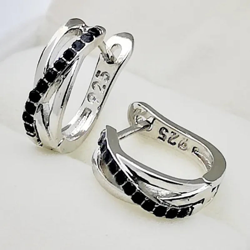 Simple Classic Earrings 925 Sterling Silver Black Sapphire Cross Stud Hoop Earrings Wedding Jewelry Gifts for Women