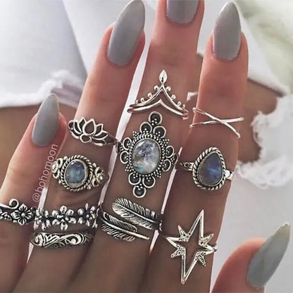 43 Pcs/3 Set Best Selling English Virgin Mary Diamond Simple Pattern Joint Ring Set Small Flower Leaf Rings For Women