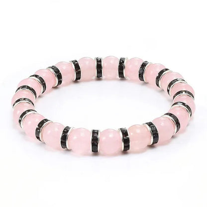 Natural Stone Pink Crystal Quartz &White Porcelain Rhinestones Bracelets & Bangles Charm Powder Beads Strand Bracelet Love Gifts for Women Men Casual Jewelry