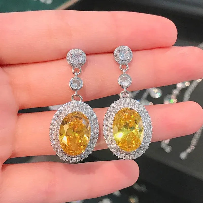 Bridal Wedding Earrings for Women 4 Prong Setting Oval Citrine Pendant Silver Plated Micro Pave Lab Diamond Yellow Gemstone Drop Earrings