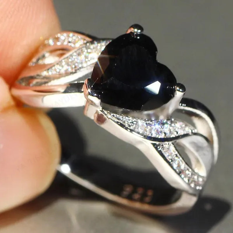 Silver Natural Gemstones Black Sapphire Heart Ring Wedding Bride Engagement Band Charm Mum Ring Jewelry Valentine's Day Gifts Christmas Gift