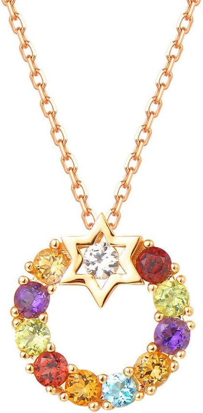 14K Solid Yellow Gold Sapphire Topaz Amethyst Garnet Peridot Citrine Multigemstone round Open Circle Pendant Necklace Gift for Her Mom Women, 16" + 2" Extender