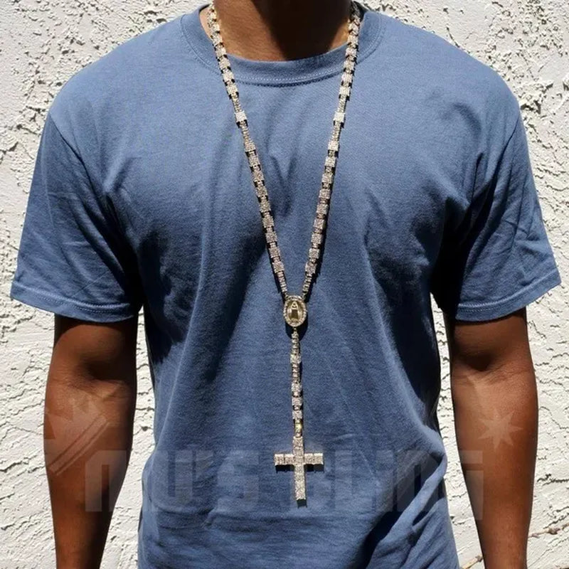Men'S 14K Gold CZ Iced Simulated Diamonds ROSARY SQUARE Jesus Cross Pendant 30" Chain Necklace