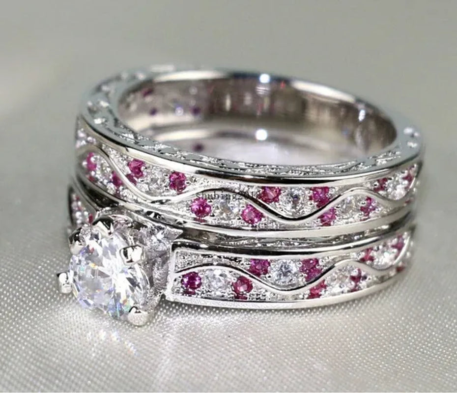 Cocktail Ring Heart CZ Ruby 10KT White Gold Filled Women'S Wedding Ring Sets Sz6-9