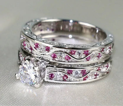 Cocktail Ring Heart CZ Ruby 10KT White Gold Filled Women'S Wedding Ring Sets Sz6-9