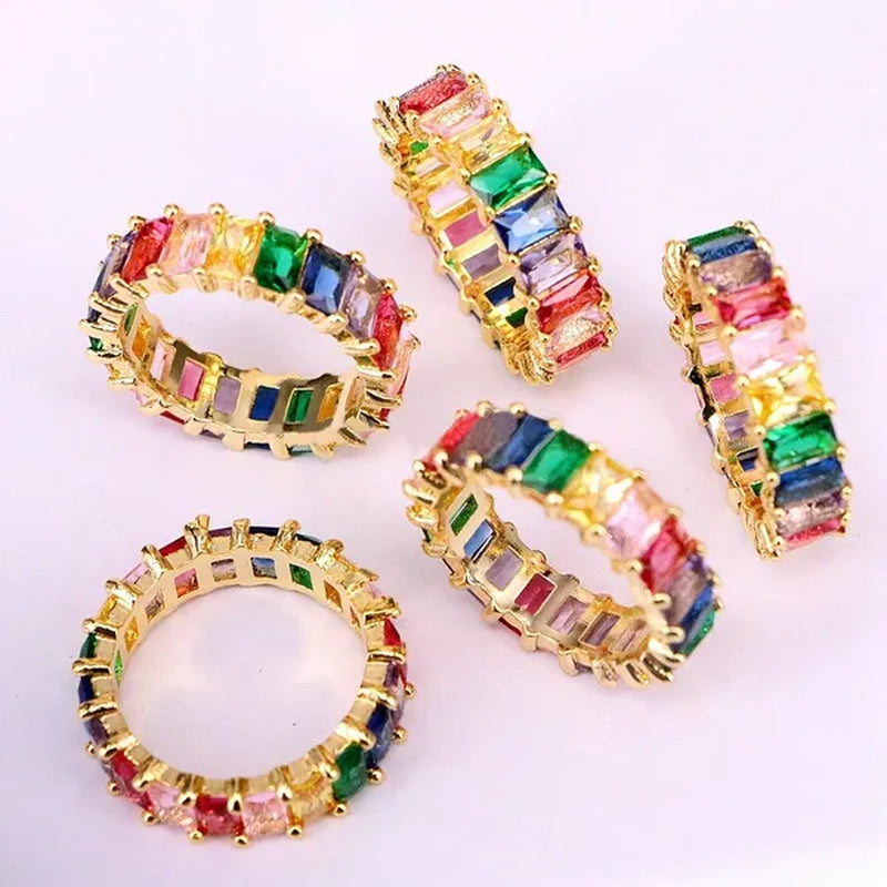 Silver Ring Colored Square Rainbow Ring Statement Crown Ring Natural Gemstones Ring Wedding Bride Engagement Band Charm Party Ring Jewelry