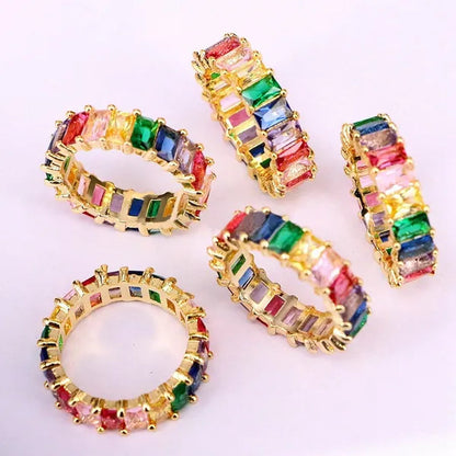 Silver Ring Colored Square Rainbow Ring Statement Crown Ring Natural Gemstones Ring Wedding Bride Engagement Band Charm Party Ring Jewelry