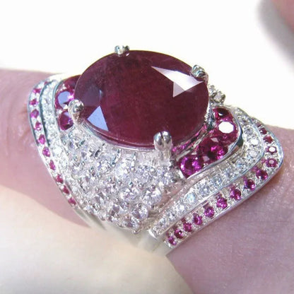 Hot Lady Jewelry 925 Sterling Silver Natural 8.96Ct Ruby Diamond Wedding Engagement Ring Size 6-10