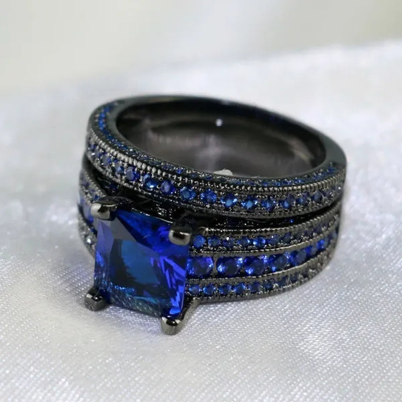 Two Rings Couple Rings Tungsten Steel Men's Rings 18k Black Gold Filled Princess cut Sapphire Women's Wedding Ring Sets