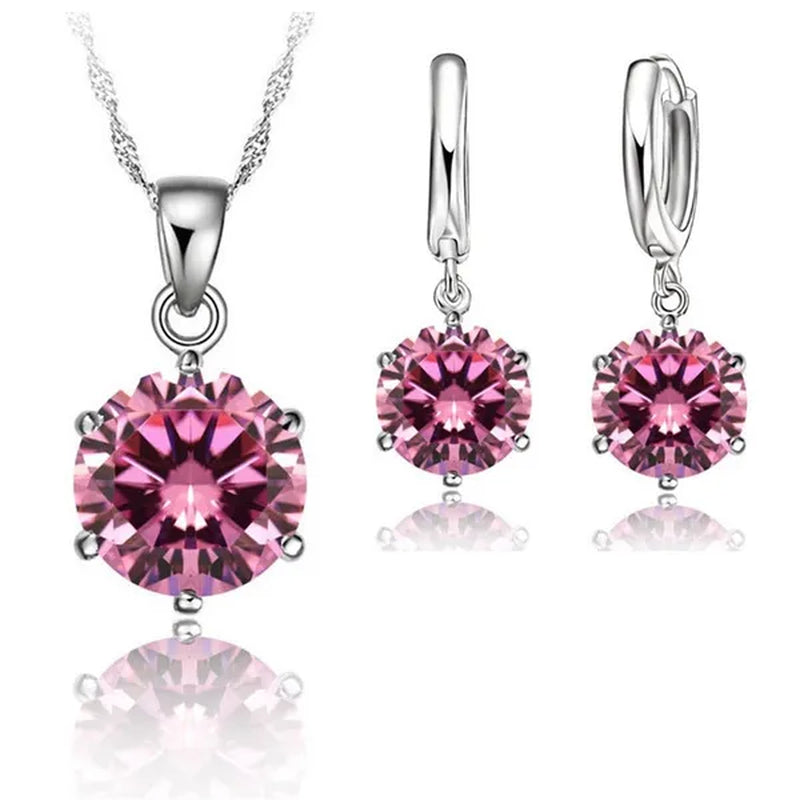 Woman 925 Sterling Silver 8MM Jewelry Sets Cubic Zircon Crystal Lever Back Earrings Pendant Wedding Necklace Nice Gifts 8MM Stone