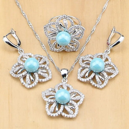 Flower 925 Silver Jewelry Set Blue Pearl with Beads Pendant Drop Earrings Rings Necklace for Women