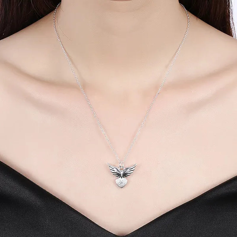 Pretty Women's 925 Sterling Silver Heart Shaped Angel Wings Pendant Diamonds Necklace(with Chain)