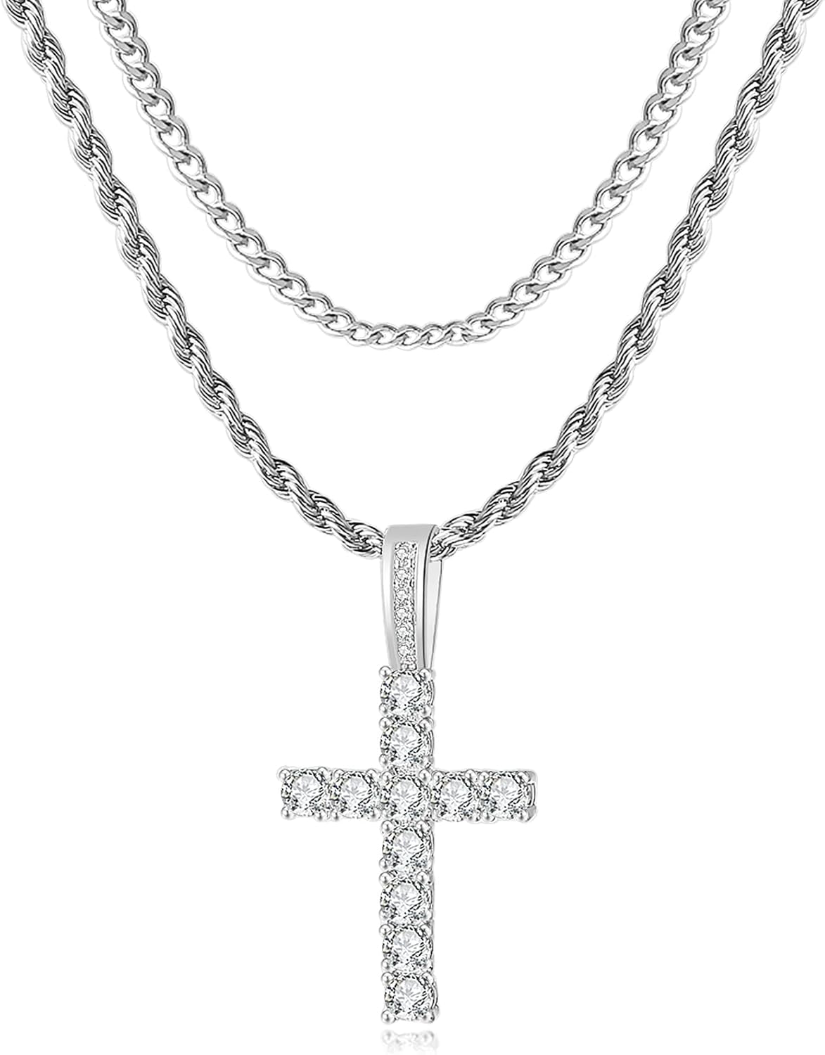Cross Chain for Men 14K Gold Silver Plated Solid Iced Out 5A+ Cubic Zirconia Stainless Steel Cuban Link Rope Layered Chains 16-24 Inch Large Cross Diamond Pendant Nceklace Jewelry Gifts