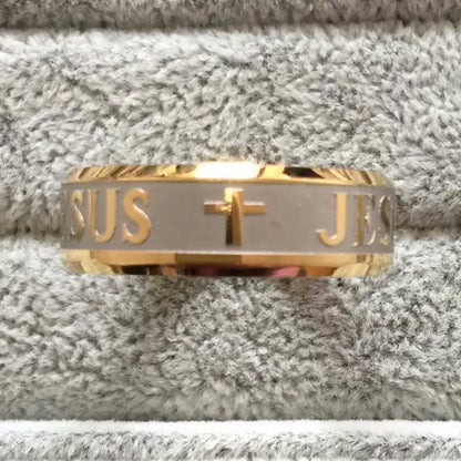 High quality large size 8mm 316 Titanium Steel 18K silver gold plated jesus cross Letter bible wedding band ring men women