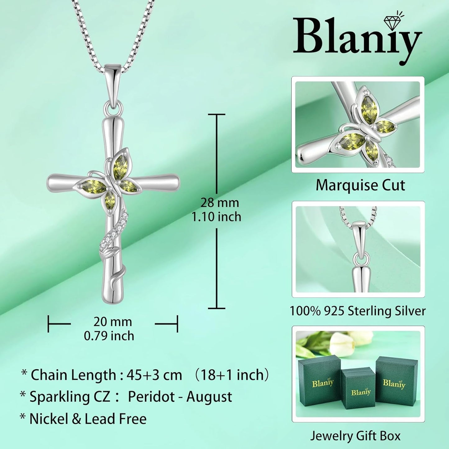 Cross Necklace for Women 925 Sterling Silver Butterfly Necklace Birthstone Created Gemstone Pendant Jewelry Gifts for Women