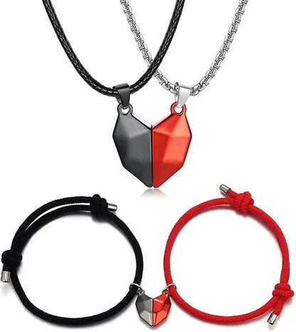 4Pcs/Set Two Souls One Heart Matching Necklaces Bracelets for Couples Creative Magnet Wishing Stone Necklaces Pandent Braided Rope Bracelets Mutual Attraction Friendship Couples Jewelry Gifts for Valentine'S Day