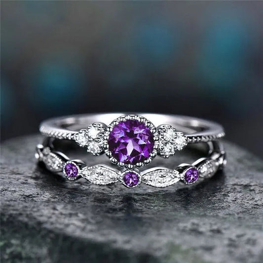 New Trendy 2019 Hot Sale Wedding Rings Set Natural Amethyst Sapphire Ring for Women Fashion Silver Jewelry with Gemstone Party Gift
