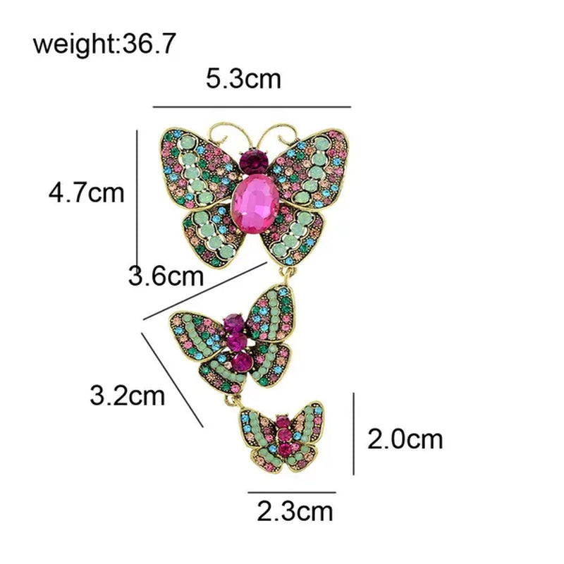 Fashion Exquisite Large Crystal and Rhinestone Butterfly Brooches for Women Vintage 3 Butterflies Insects Pendant Tassel Brooch Pins