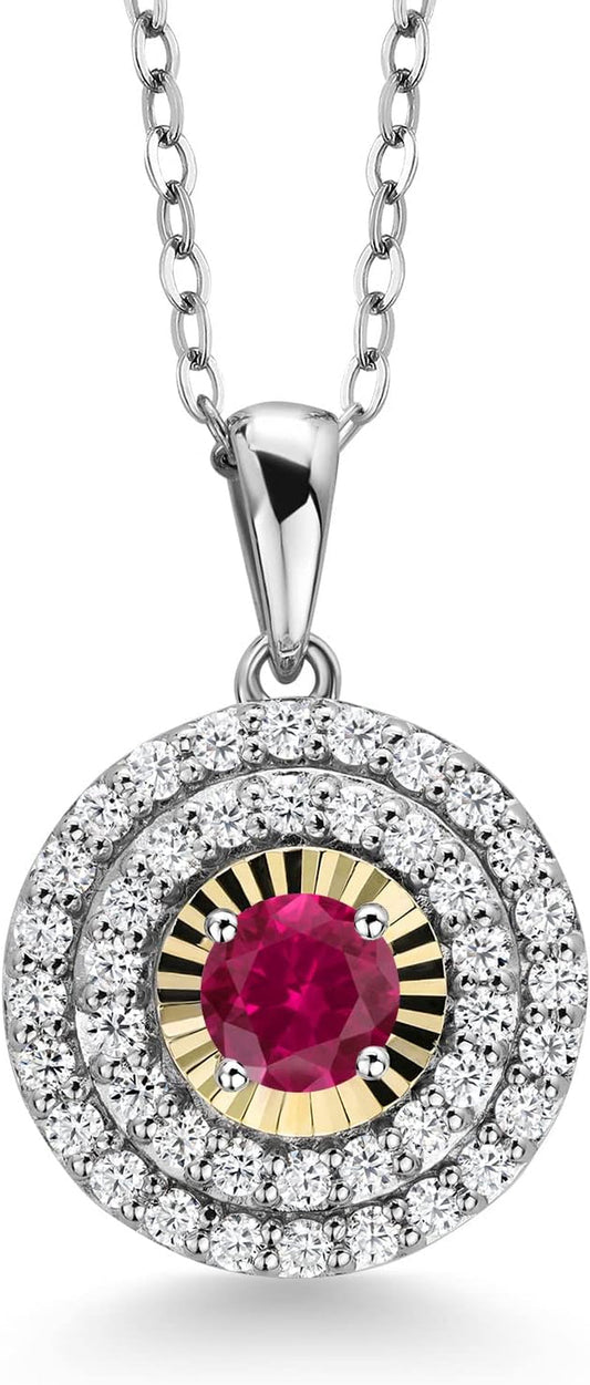 925 Sterling Silver and 10K Yellow Gold round Red Created Ruby and White Moissanite Pendant Necklace for Women (0.59 Cttw, with 18 Inch Chain)