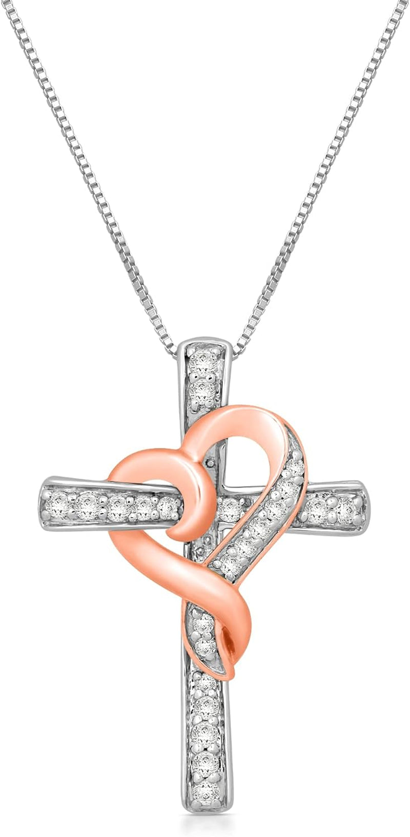 14K Rose Gold over Sterling Silver 1/4 Cttw Natural White round Diamond Heart with Cross Pendant Necklace, 18" Box Chain