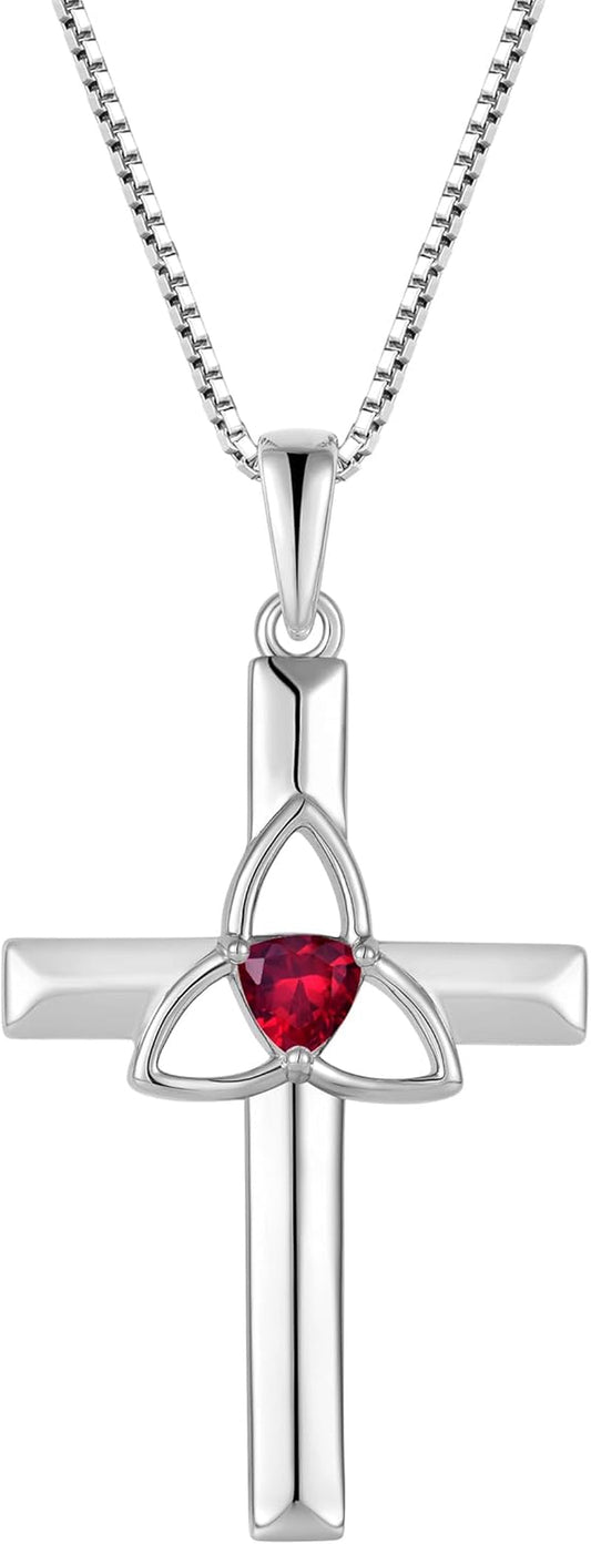 Celtic Cross Necklace 925 Sterling Silver with White Gold Plated Birthstone Pendant Necklaces for Women