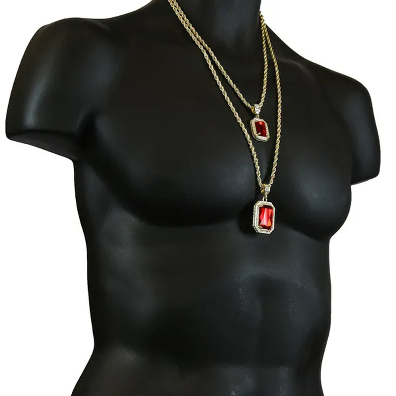 Men's 14k Gold Plated High Fashion 2 square Simulated Ruby Pendant  4mm 30" & 24" Rope chains Necklace