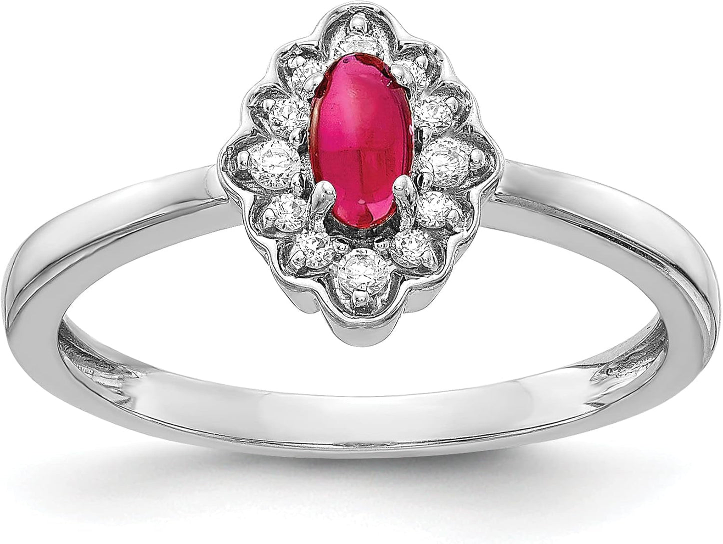 14K White Gold Diamond Oval Cabochon Ruby Ring Stone Birthstone July Gemstone Fine Jewelry for Women Gifts for Her