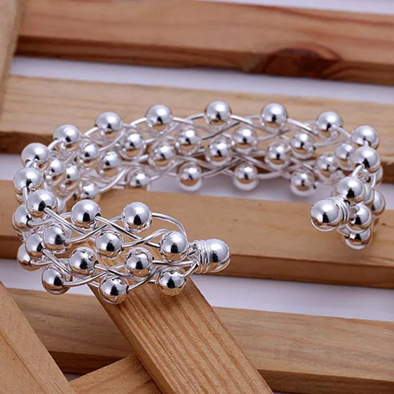 925 Sterling Silver Smooth Round Beads Hand-woven Four-row Wide Face Bangle Bracelet Fashion Charm Party Jewelry