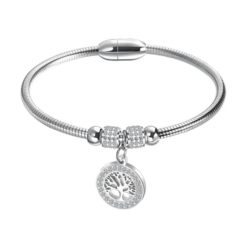 Gold Plated  Tree of Life Bangle Bracelet Women Stainless Steel Family Tree Charm Bracelets with AAA Rhinestones & Magnetic Buckle