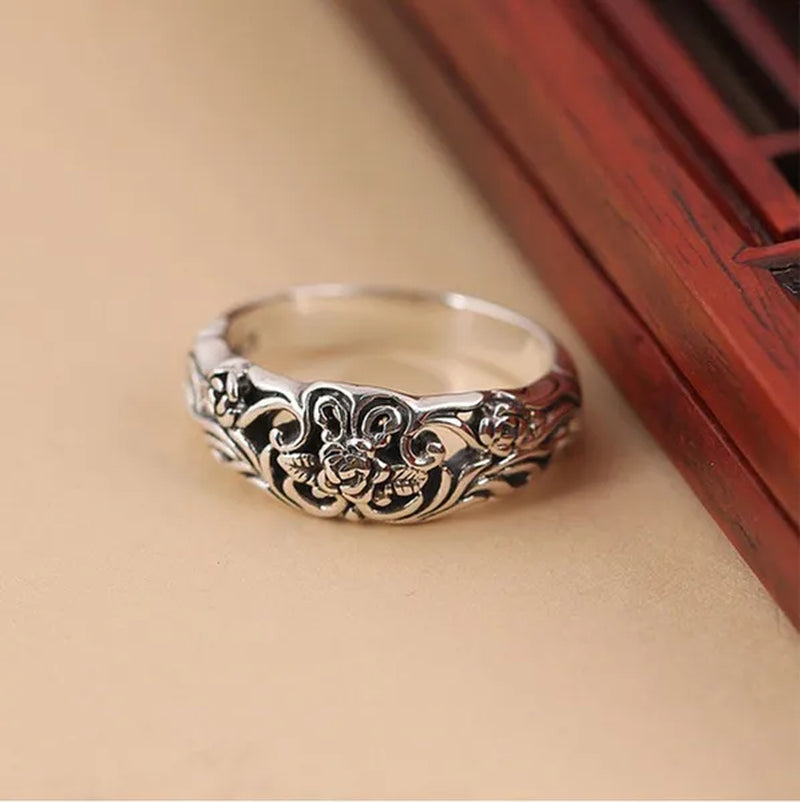 Exquisite Silver-Plated Vintage Silver Black Rose Flower Ring Bride Wedding Party Ring Couple Gift Jewelry (Size: 5-11)