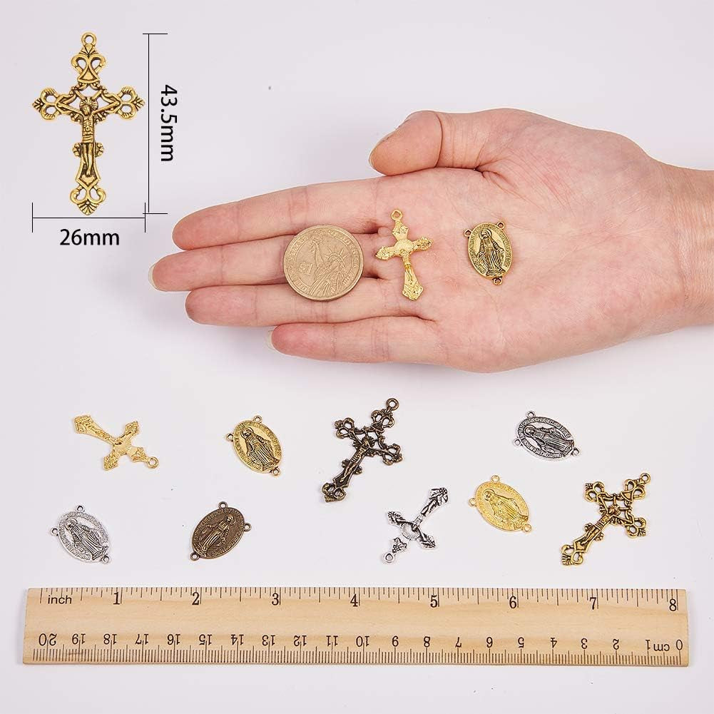 Tibetan Style Rosary Cross Charms and Center Miraculous Medal Easter Vintage Cross Crucifix Pendants Oval Chandelier Links Bronze Connector Charm for Rosary Bead Necklace Making Supplies