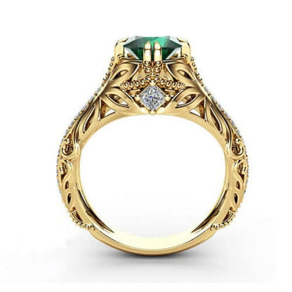 Women 14K Gold Natural Diamond Green Emerald Rings