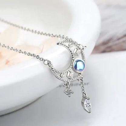 925 Sterling Silver Colorful Moonstone Clavicle Chain Necklace Silver Moon Zircon Tassel Necklace Jewelry For Women