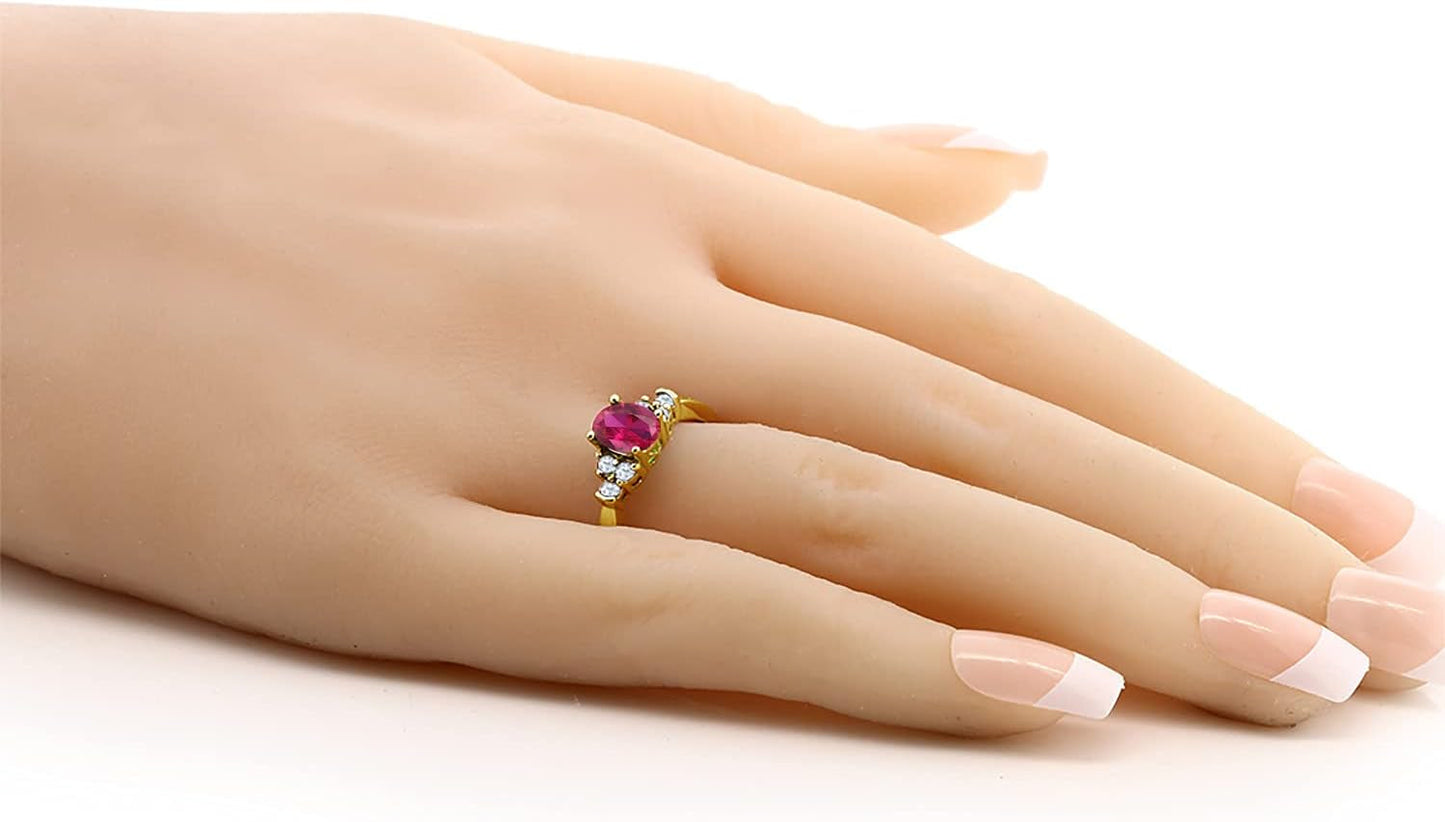 18K Yellow Gold Plated Silver Red Created Ruby and White Topaz Women Ring (0.74 Ct Oval, Available in Size 5, 6, 7, 8, 9)
