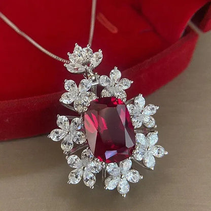 Fashion Women's 4 Prong Setting Oval Cut Ruby Pendant Side Stone Flower Lab Diamond Necklace Bridal Engagement Necklace Jewelry